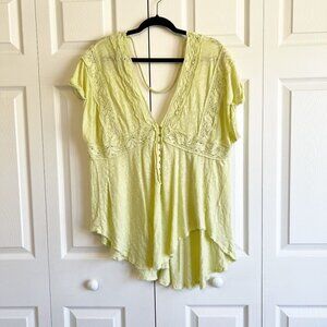 Free People Yellow Green V-Neck Lace Tunic Blouse Women's Size X-Small XS